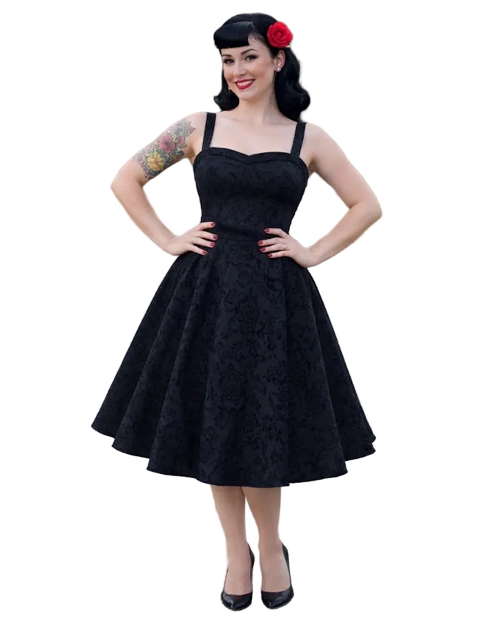 Black Damask 1950s Swing Dress
