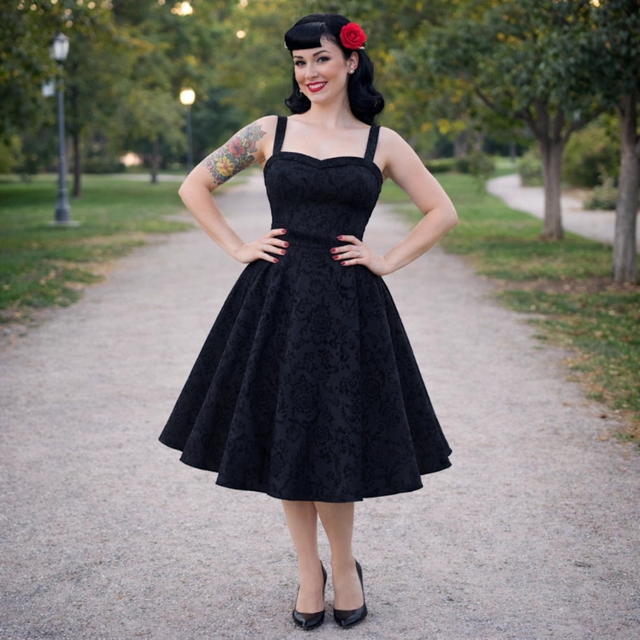 Black Damask 1950s Swing Dress