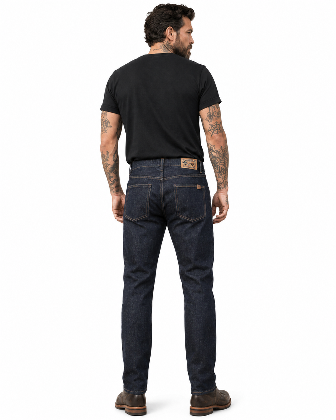 Liquorbrand Rumbler Denim men's indigo jeans back view showing classic rear pockets leather patch and rockabilly styling