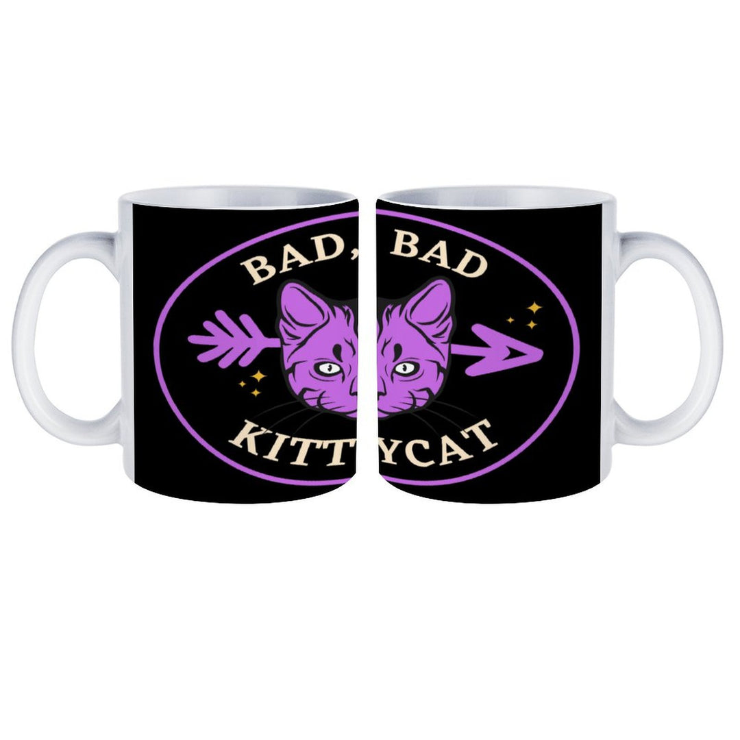 Bad Bad Kitty Cat white ceramic mug with playful design, 16.9 oz capacity, perfect for retro coffee lovers.