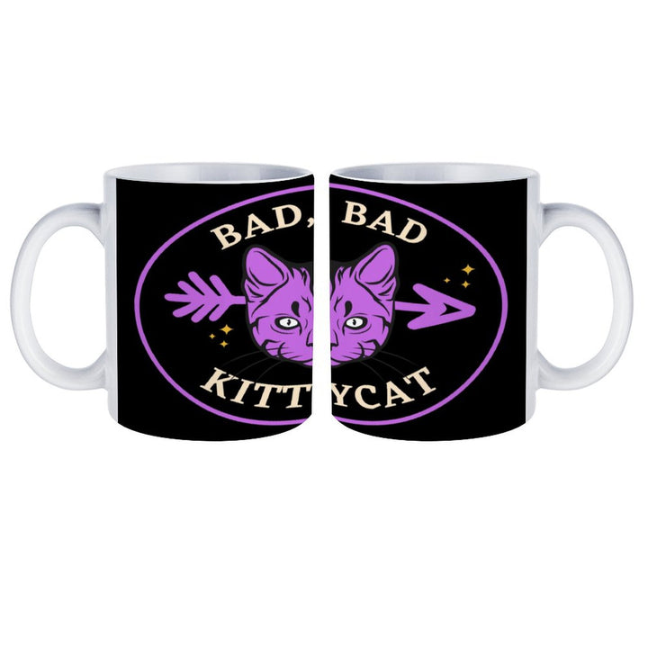 Bad Bad Kitty Cat white ceramic mug with playful design, 16.9 oz capacity, perfect for retro coffee lovers.