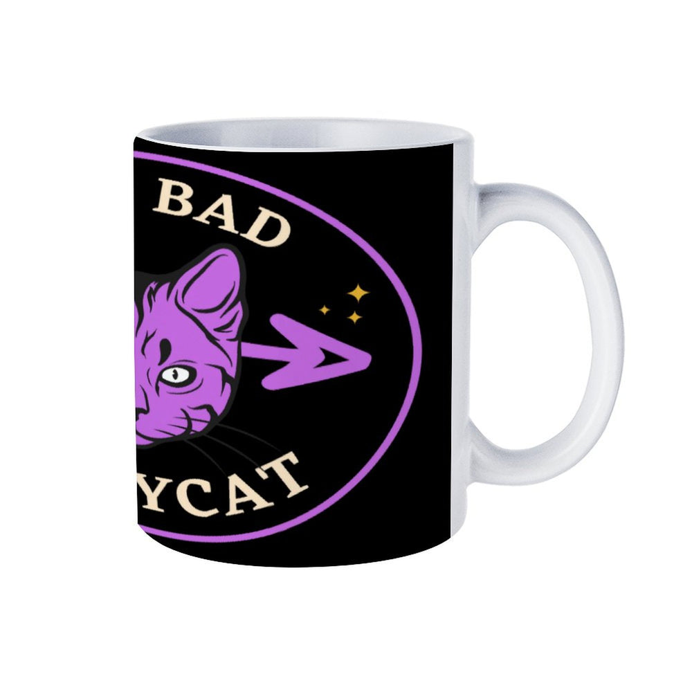 Bad Bad Kitty Cat white ceramic mug, retro coffee mug with a playful cat design, perfect for coffee or tea.