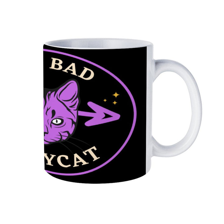 Bad Bad Kitty Cat white ceramic mug, retro coffee mug with a playful cat design, perfect for coffee or tea.