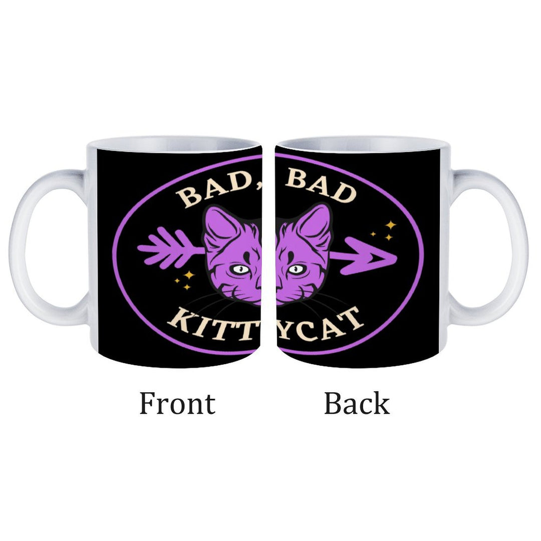 Bad Bad Kitty Cat white ceramic mug featuring front and back design with purple cat illustration, perfect for coffee lovers.