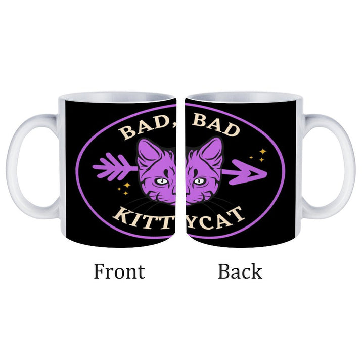 Bad Bad Kitty Cat white ceramic mug featuring front and back design with purple cat illustration, perfect for coffee lovers.