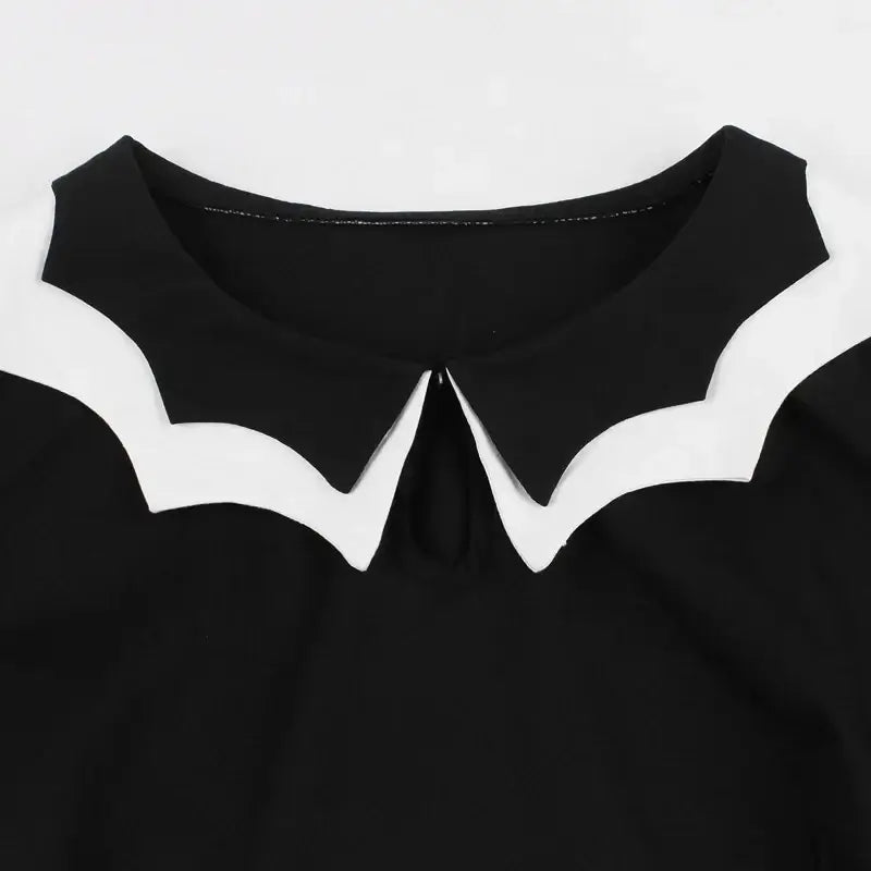Bat Embroidered Vintage A-Line Halloween Dress O-neckline detail with unique collar design.