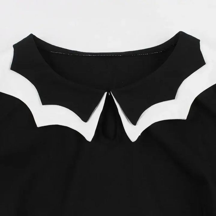Bat Embroidered Vintage A-Line Halloween Dress O-neckline detail with unique collar design.