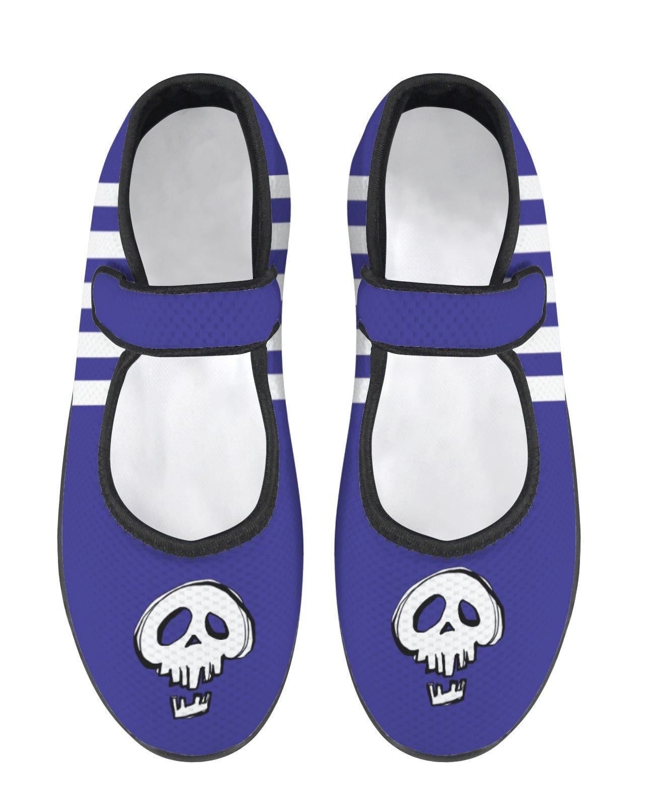 Midnight Riot Mary Jane comfort shoes with blue skull print and stripes, wide fit and Velcro strap