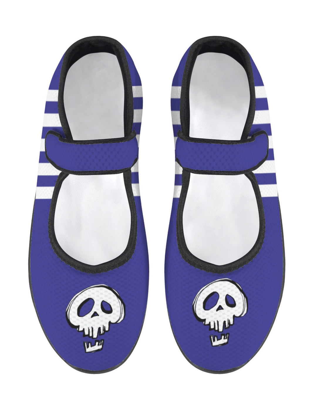 Midnight Riot Mary Jane comfort shoes with blue skull print and stripes, wide fit and Velcro strap