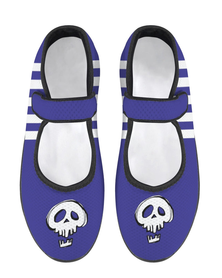 Midnight Riot Mary Jane comfort shoes with blue skull print and stripes, wide fit and Velcro strap