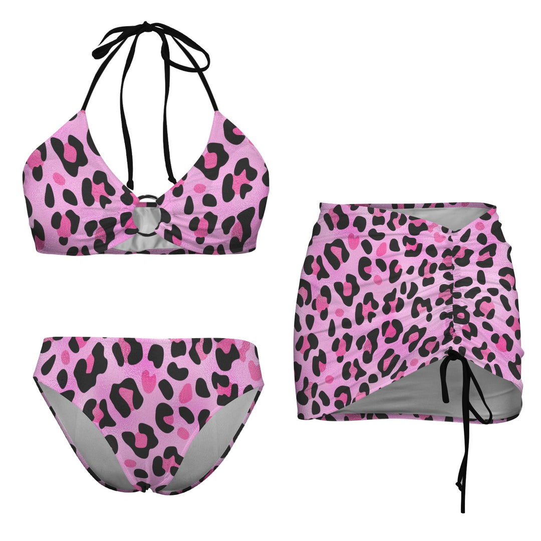 Pink Leopard Retro Bikini Set with Skirt