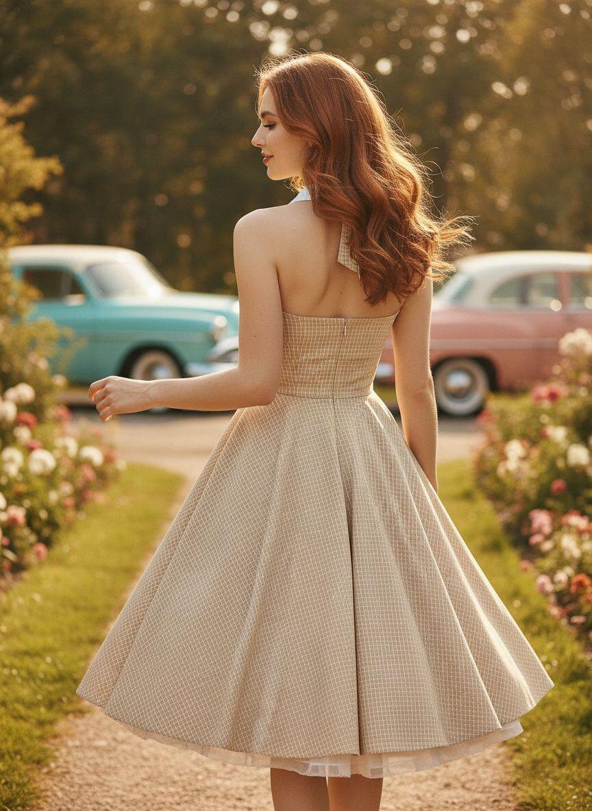 Vintage Beige Halter Swing Dress with Pockets, Beige / XXL