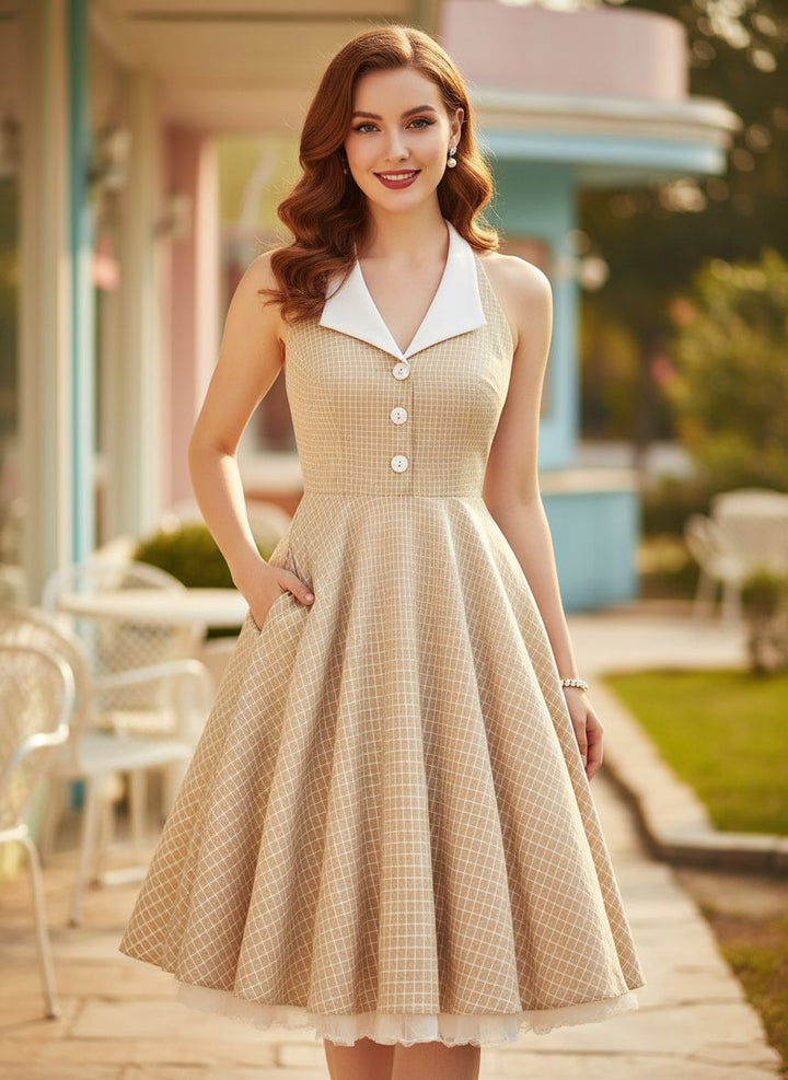 Vintage Beige Halter Swing Dress with Pockets