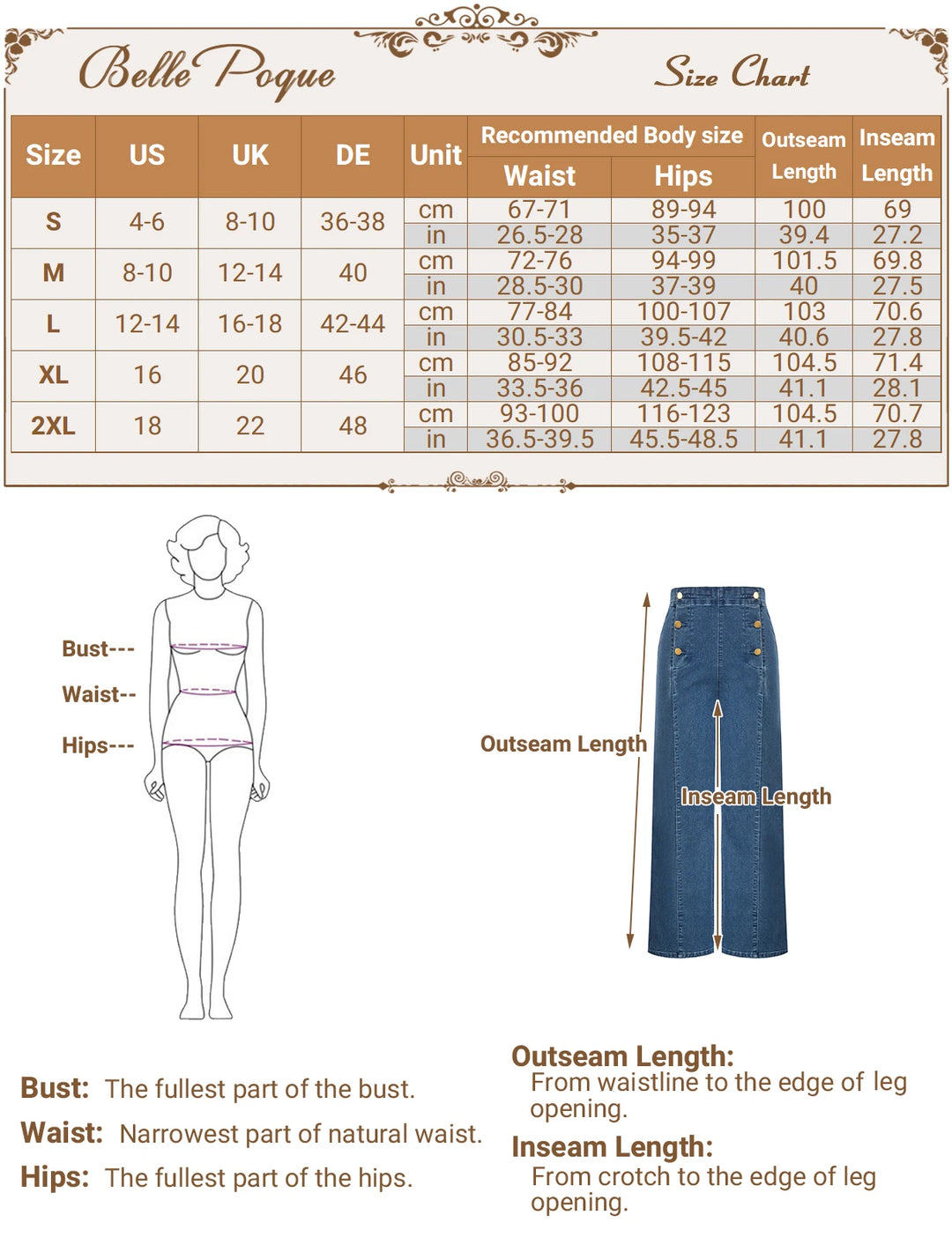 Size chart for Belle Pogue vintage wide-leg jeans, detailing measurements for waist, hips, and inseam lengths.