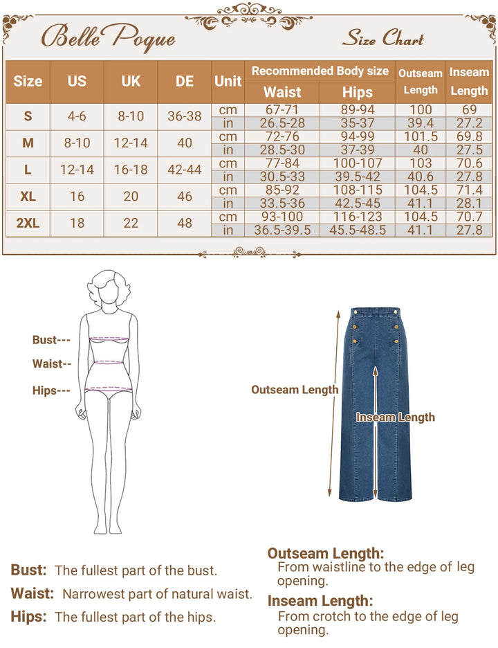 Size chart for Belle Pogue vintage wide-leg jeans, detailing measurements for waist, hips, and inseam lengths.