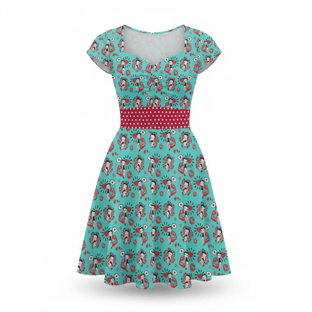 Betty Boop Sweetheart Dress - LAST ONES EVER, turquoise dress with red polka-dot waistband and cap sleeves.