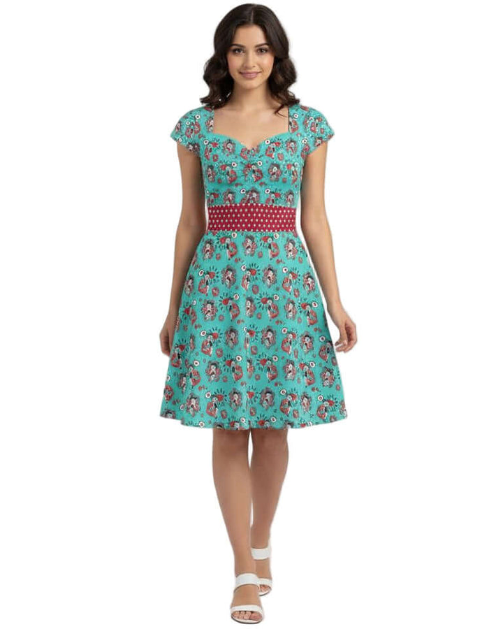 Betty Boop Sweetheart Dress - LAST ONES EVER, featuring a sweetheart neckline and cap sleeves in a retro style.
