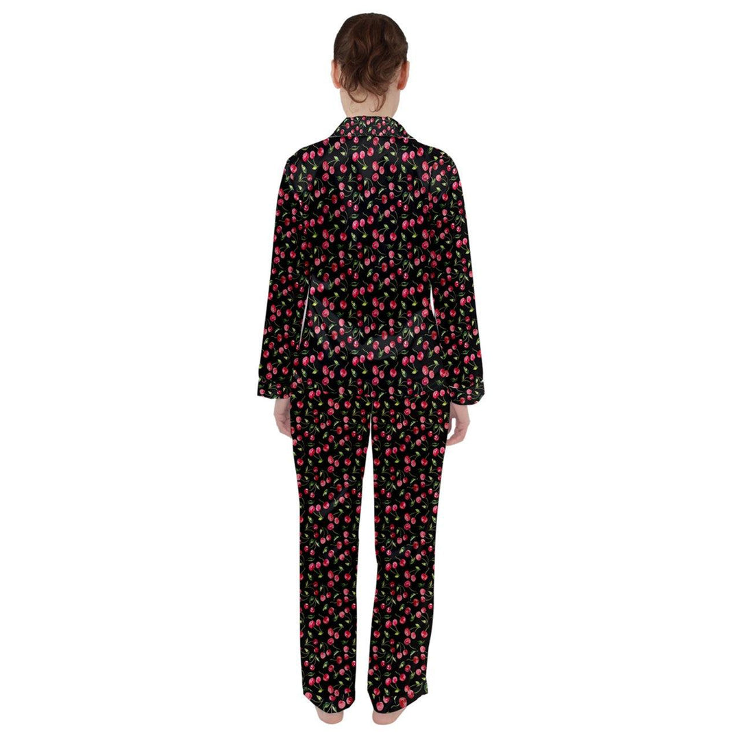 Black Cherries Women's Long Sleeve Satin Pyjamas Set