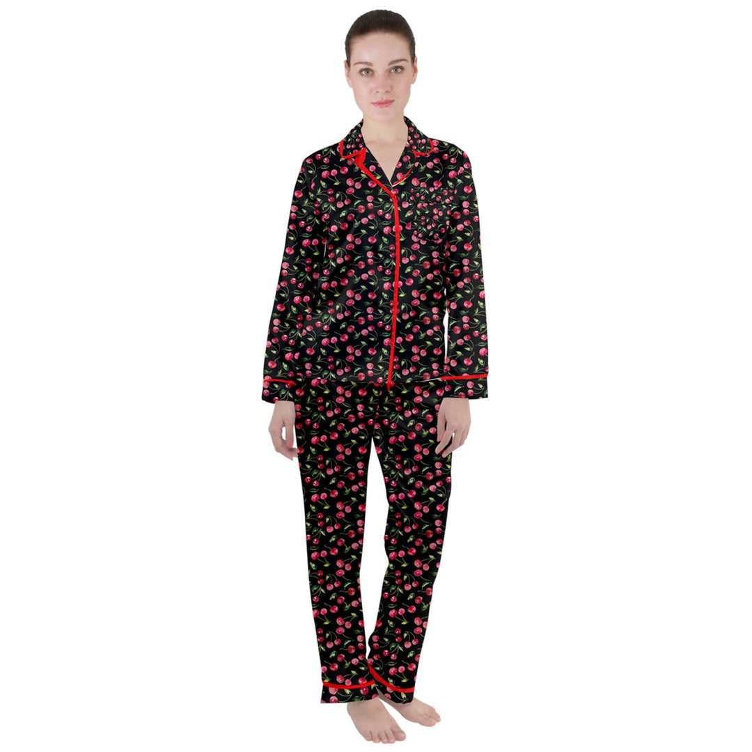 Black Cherries Women's Long Sleeve Satin Pyjamas Set
