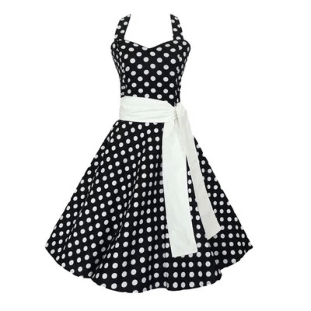 Black Polkadot Rockabilly Swing Dresses featuring a halter neckline and white belt, perfect for vintage style.