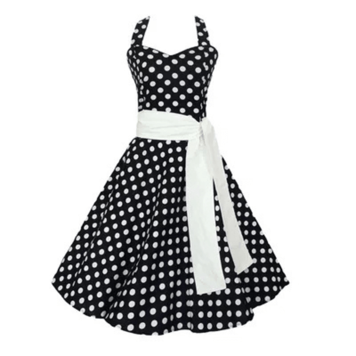 Black Polkadot Rockabilly Swing Dresses featuring a halter neckline and white belt, perfect for vintage style.