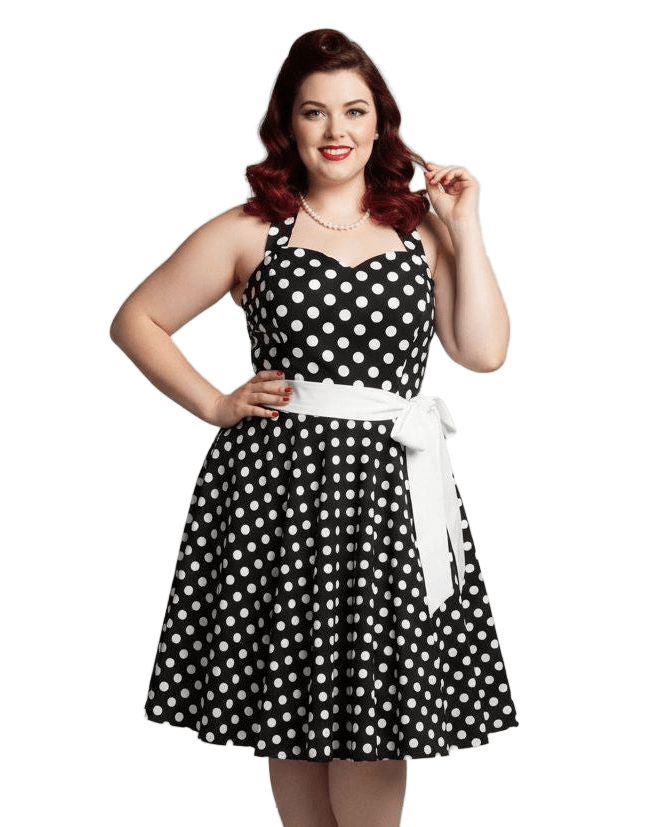 Black Polkadot Rockabilly Swing Dresses featuring a model in a vintage-inspired halter dress with white belt.