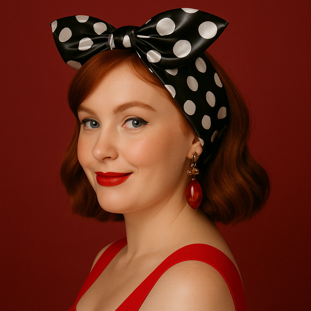 Rockabilly hair tie featuring black and white spotty print, styled with a vintage look, perfect for a chic hairstyle.