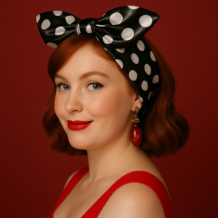 Rockabilly hair tie featuring black and white spotty print, styled with a vintage look, perfect for a chic hairstyle.