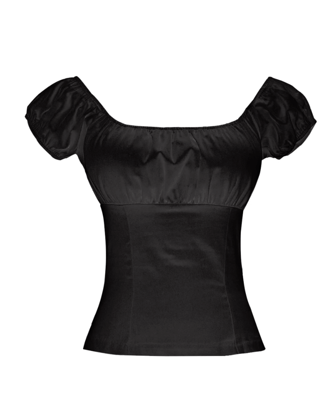 Black peasant style top with puff sleeves, crafted from a soft cotton blend for comfort and elegance.