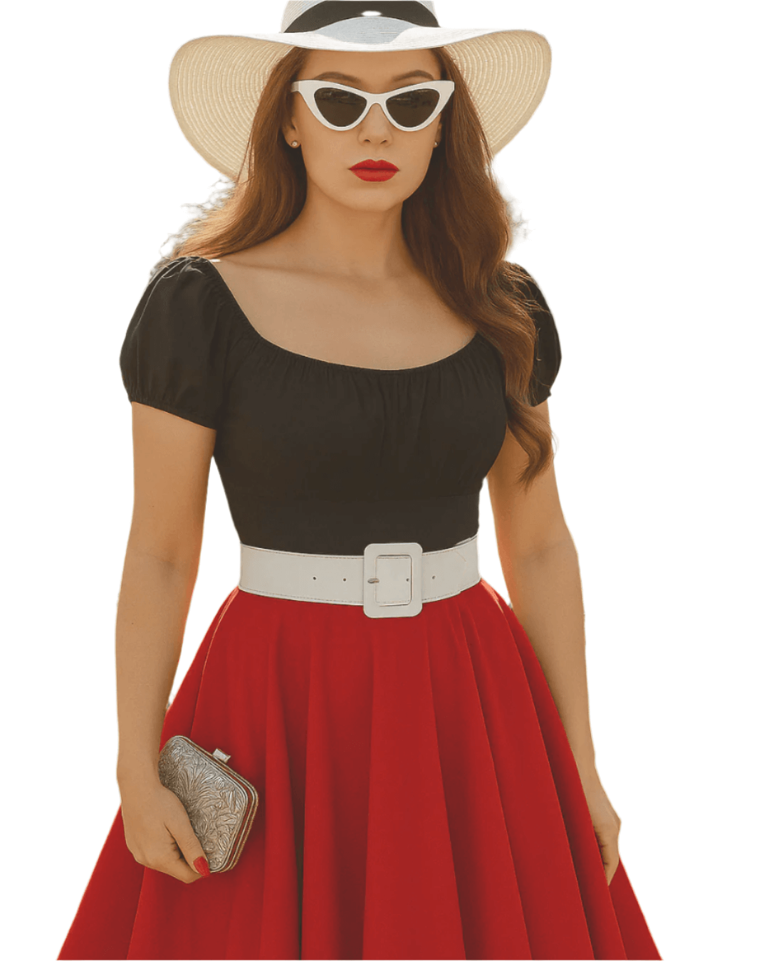 Woman wearing a black top and red skirt with a white hat and sunglasses on a white background