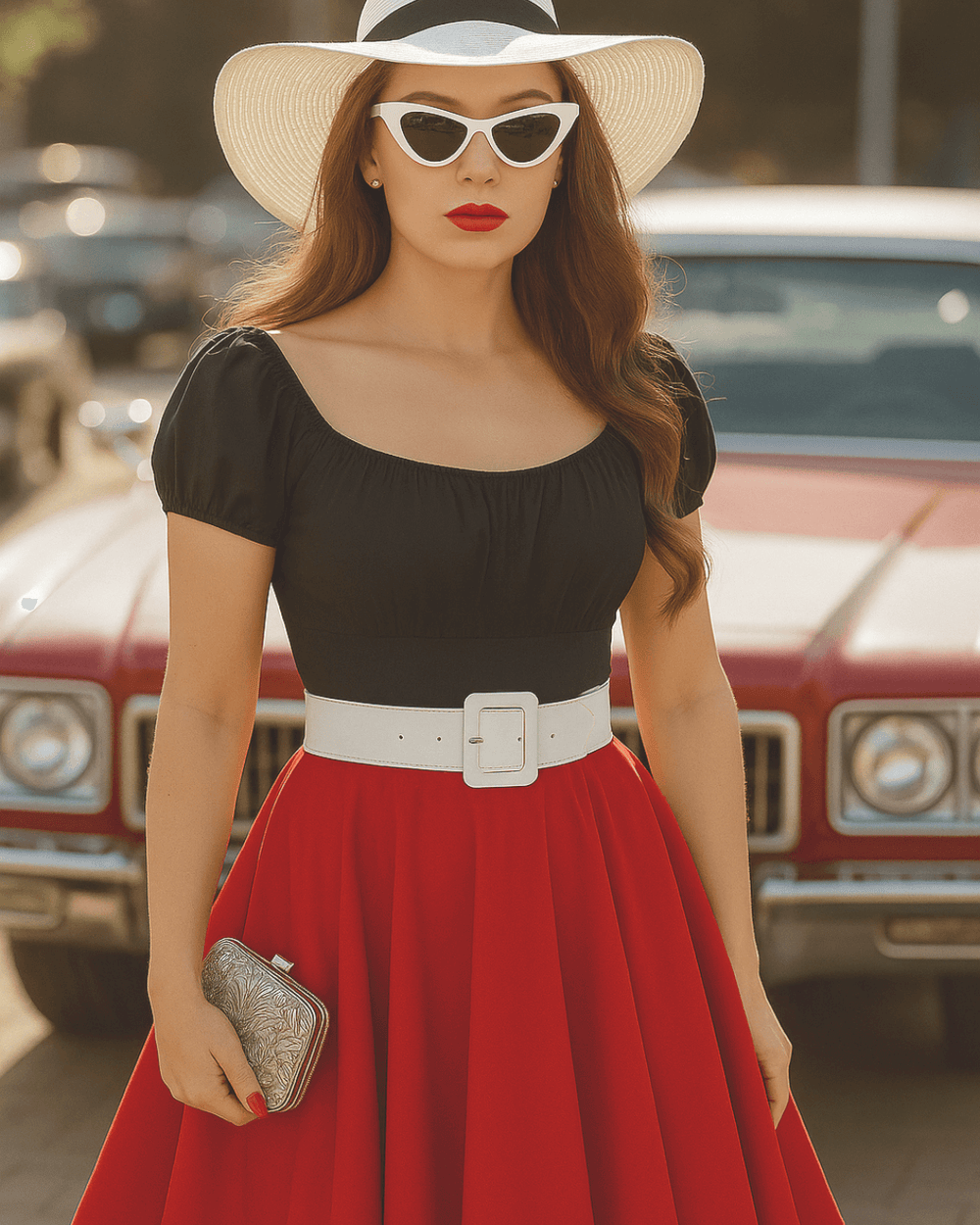 Woman in a black peasant style top with red skirt and white accessories, exuding vintage charm.