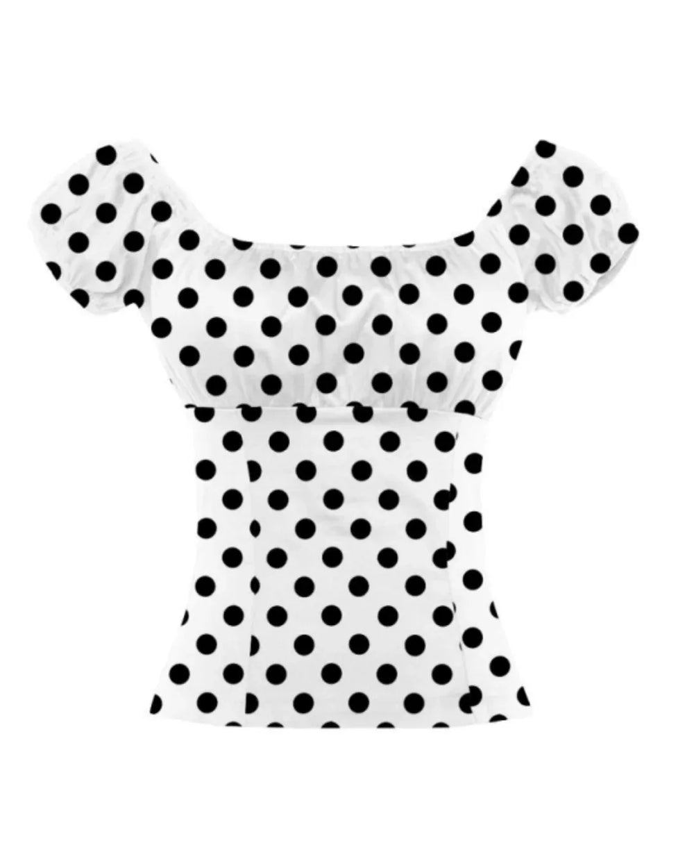 Black polka dot top on a white background