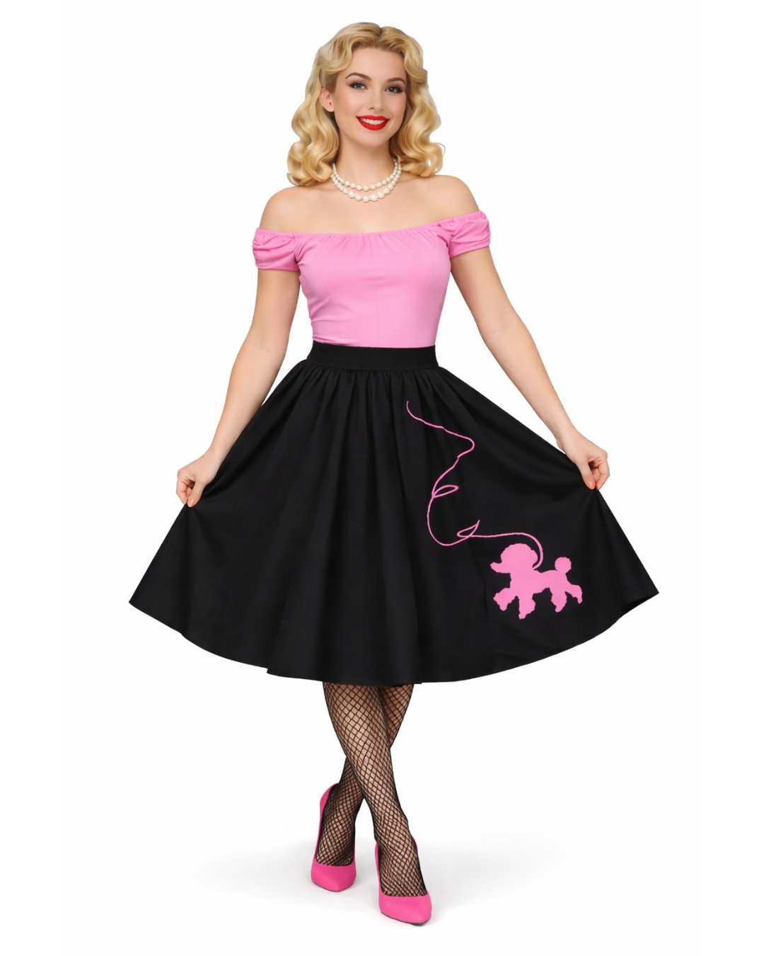 Black 1950s retro poodle skirt with pink poodle graphic A-line gathered skirt worn by pin-up model