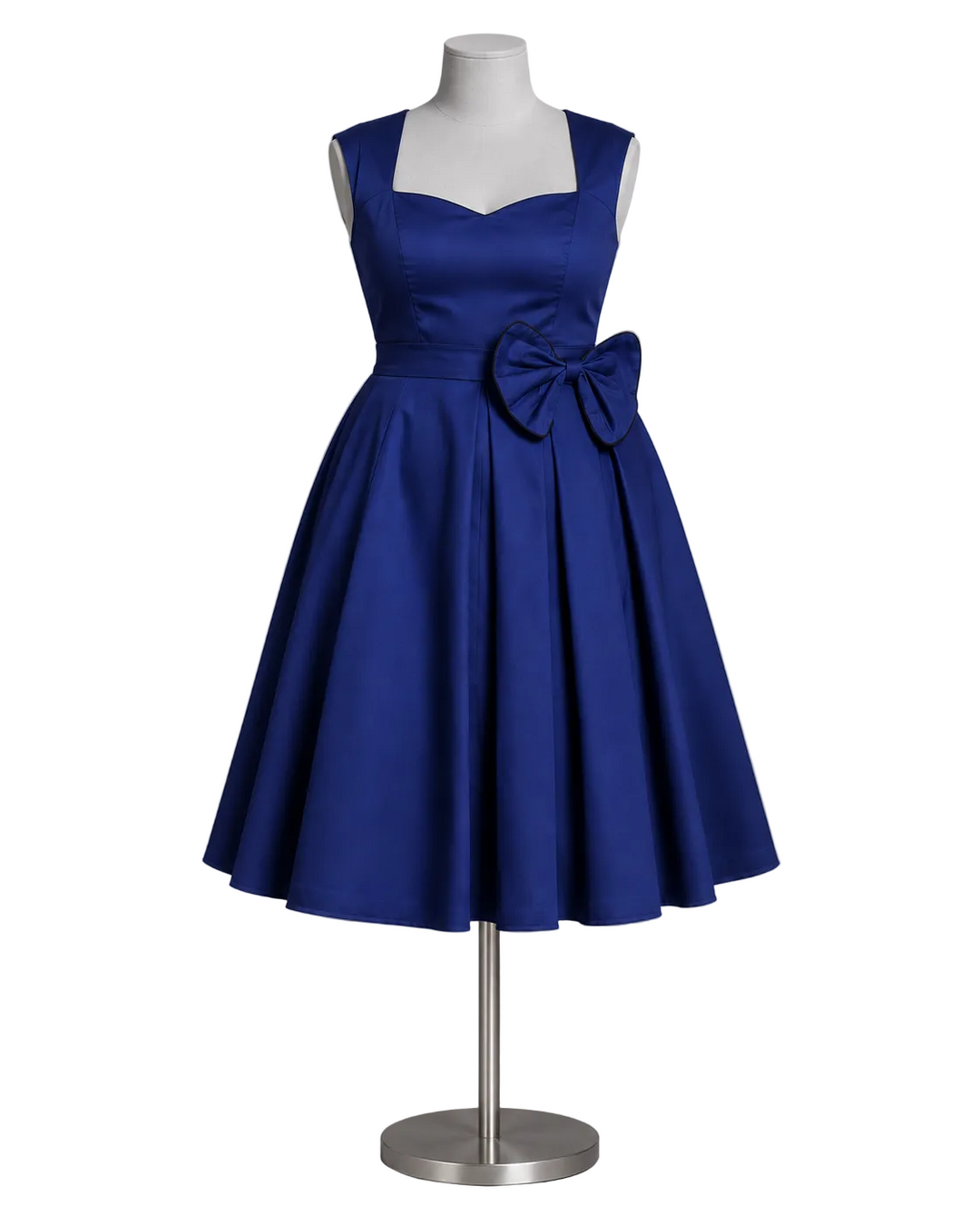 A royal blue satin swing dress displayed on a white mannequin torso with a metal stand against a neutral gray studio background.