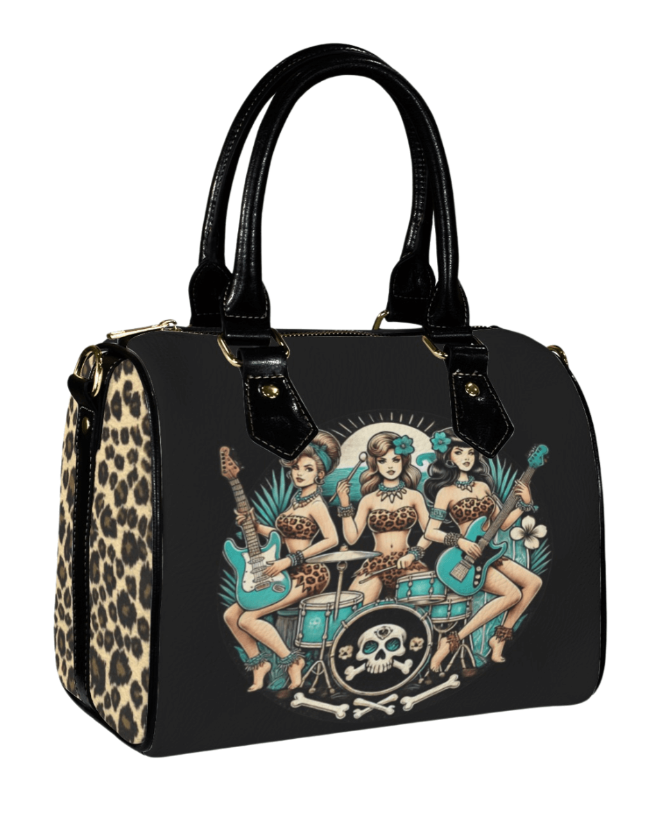 Retro handbag featuring tiki surfer girls with guitars, leopard print accents, perfect for music lovers and vintage style enthusiasts.