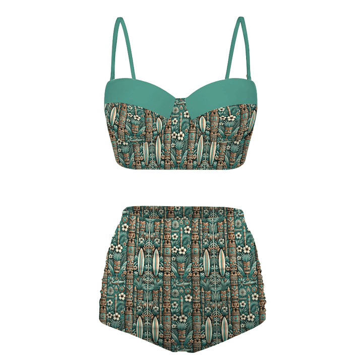 Bone Shaker Babes High Waist Retro Bikini with bold tiki print, perfect for beach or poolside lounging.