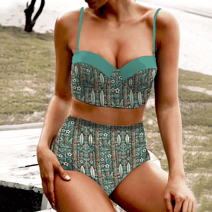 Bone Shaker Babes high waist retro bikini in bold tiki print, perfect for beach or pool side lounging.