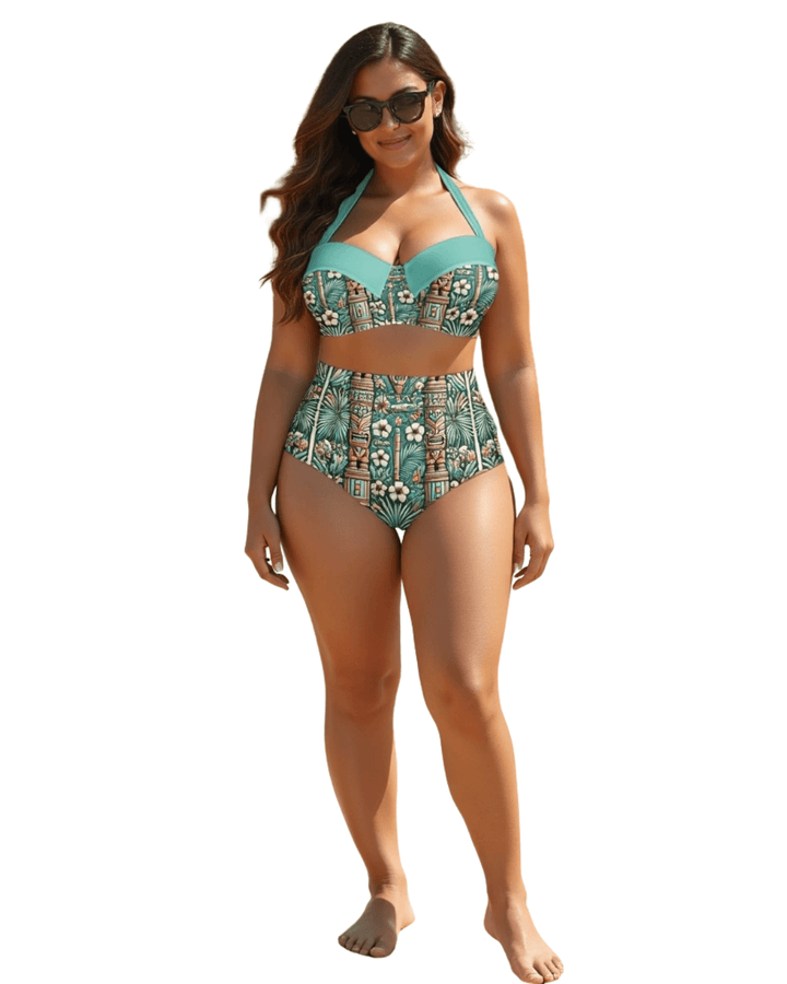 Boneshaker High Waist Bikini featuring retro tiki print and flattering high-waist design, perfect for summer beach vibes.