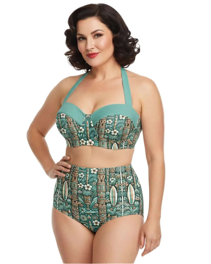 Boneshaker High Waist Bikini featuring a bold tiki print, perfect for vintage beach vibes and flattering retro style.