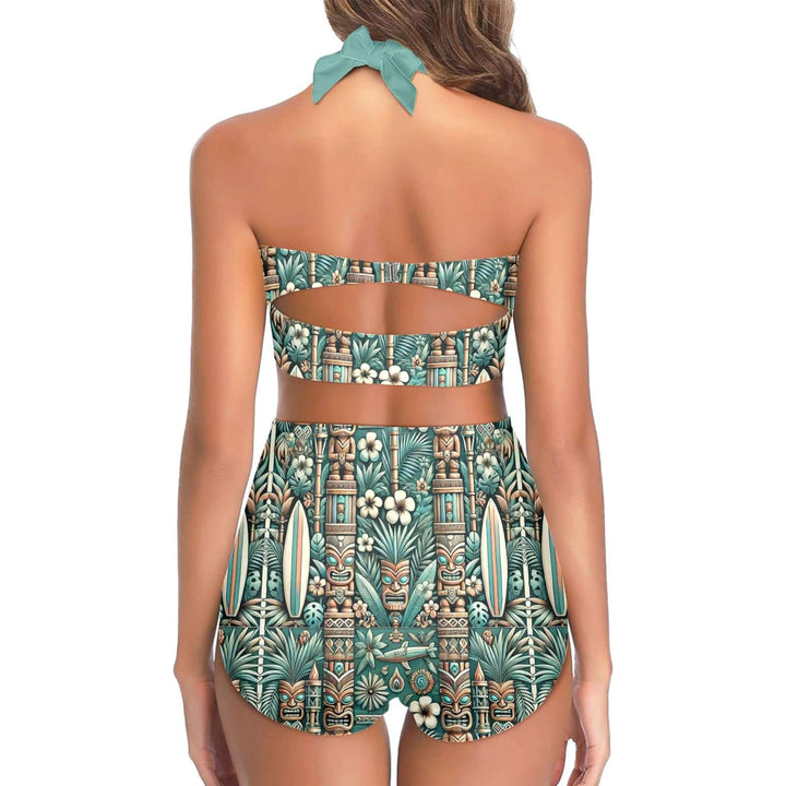 Back view of the Boneshaker High Waist Bikini showcasing its tiki print and flattering design.