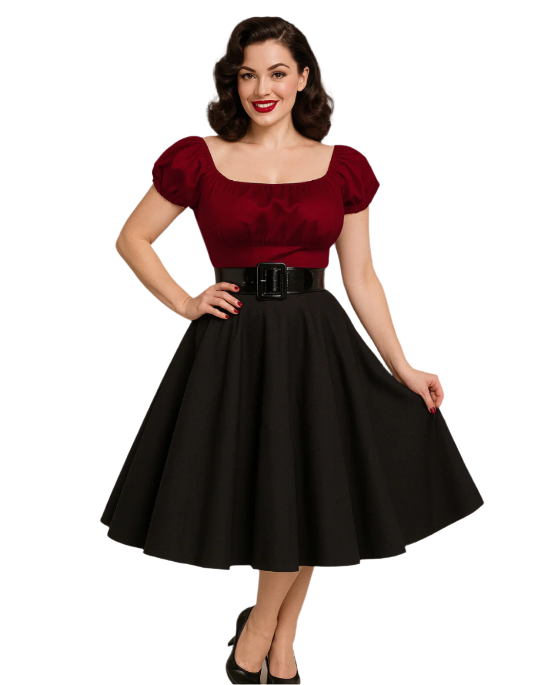 Model wearing a burgundy peasant style top with a black skirt, showcasing elegant vintage-inspired fashion.