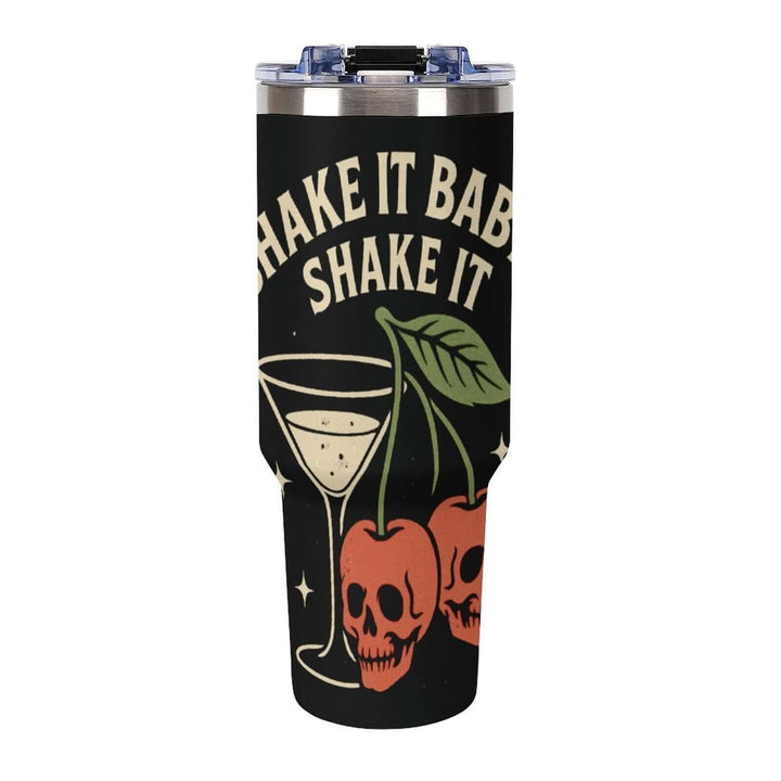 Black tumbler with cocktail-themed design and text on a white background