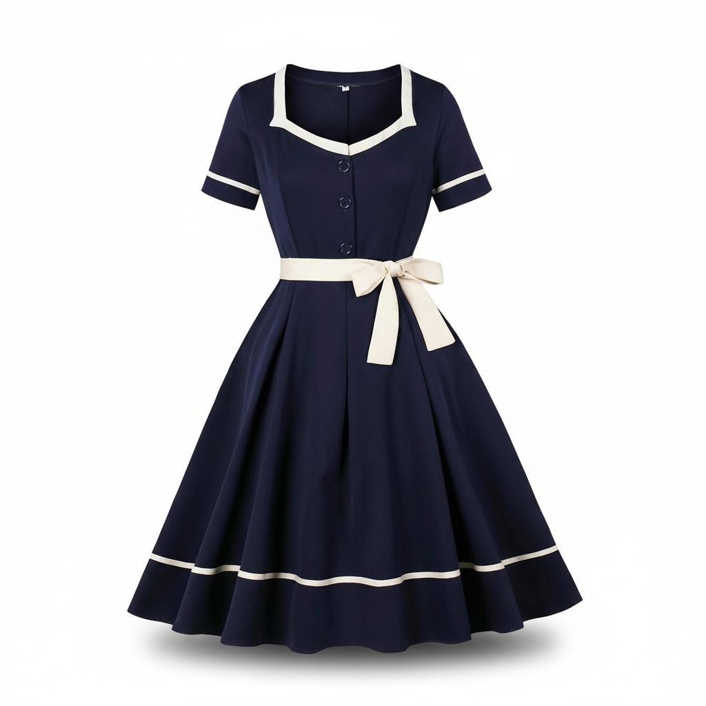 Navy blue dress with white accents on a white background