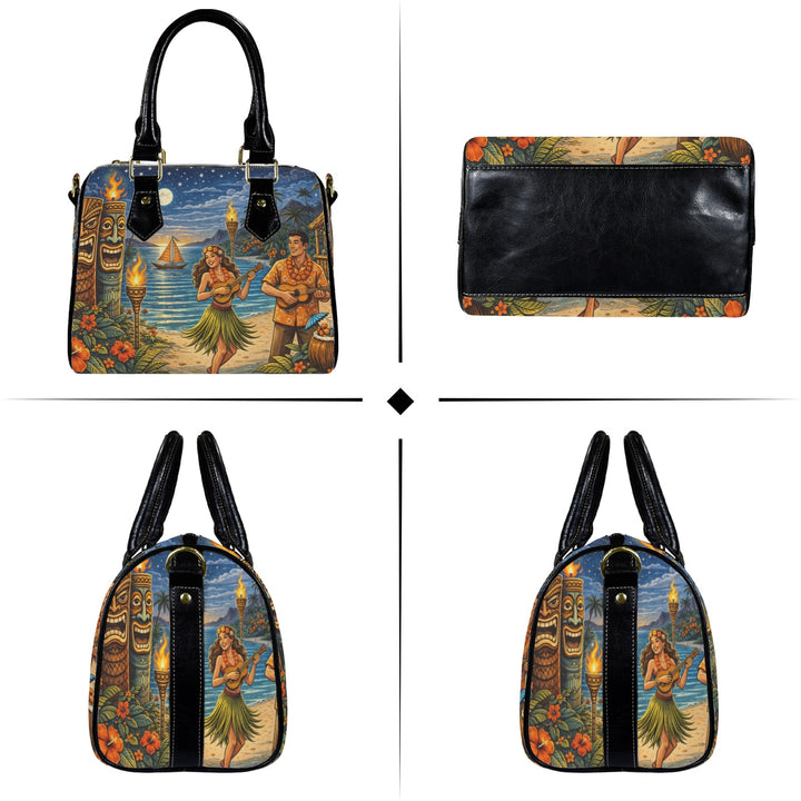 Set of bags with hula dancer and tiki design on a white background
