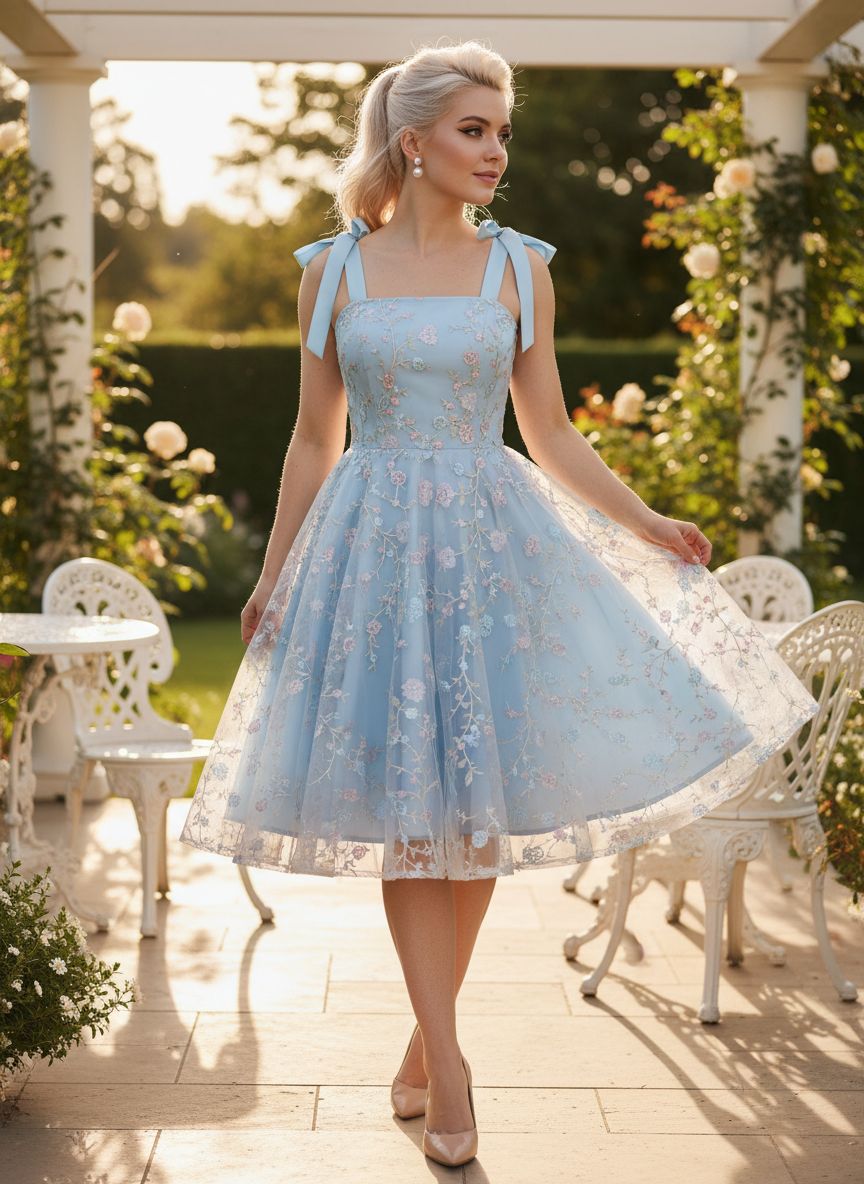 Model wearing blue lace embroidered short cocktail dress, knee-length A-line with ribbon shoulder ties in garden—elegant wedding guest look