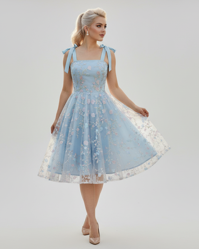 blue lace embroidered dress worn by blonde model