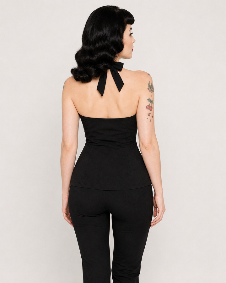 Liquorbrand black bow halter top back view showing halter neck tie bow