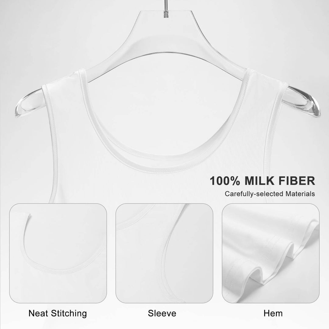 White sleeveless top on a hanger with close-up details and text about material and stitching quality.