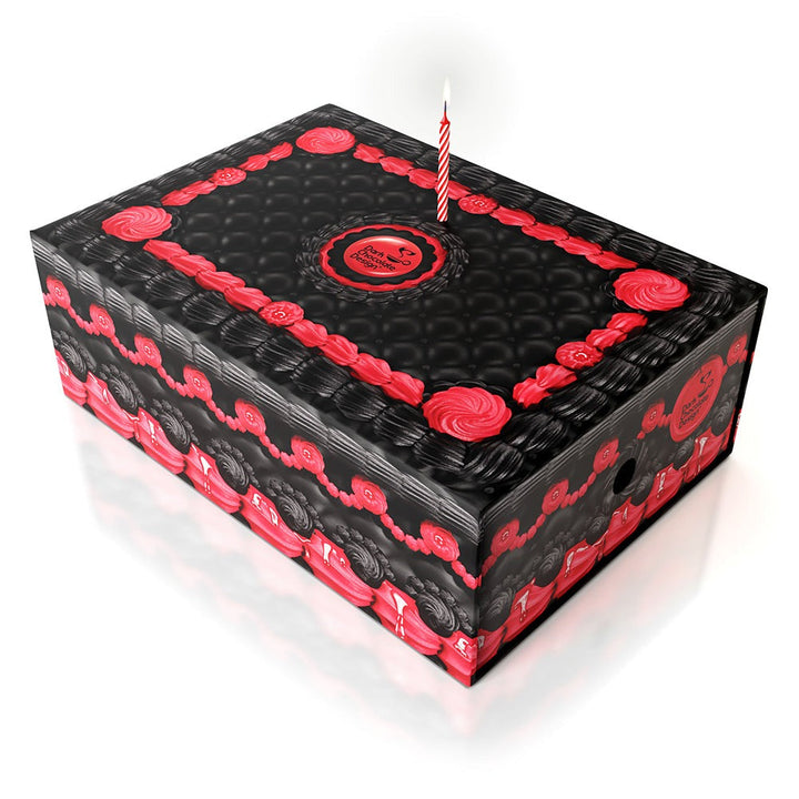 Hot Chocolate Design Spidora Platform shoes themed cake box with black and red rose decorations and a candle.