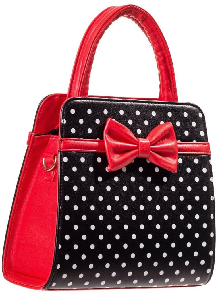 Carla Handbag in Red and Black with polka dots and bow, perfect blend of style and practicality for modern women.